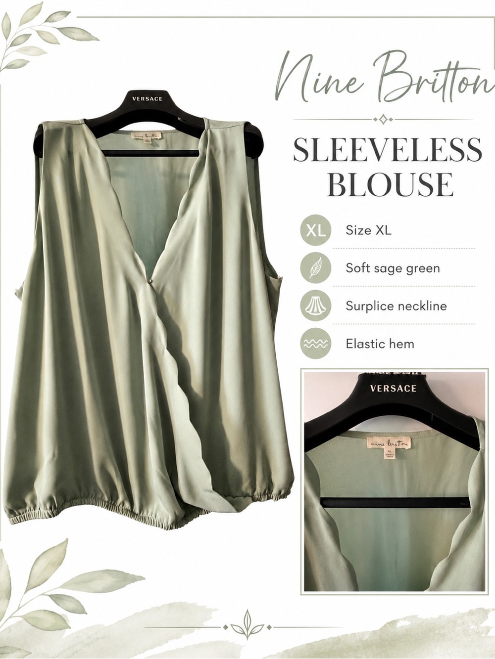 nine britton Sleeveless Surplice Blouse in Soft Sage Green
